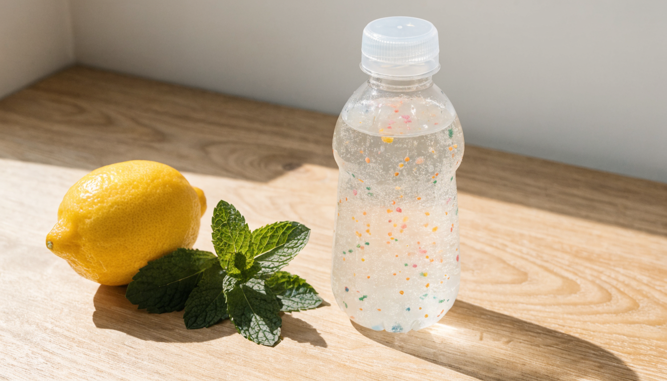 Bouteille de boisson sportive avec citron et feuilles de menthe sur une surface en bois