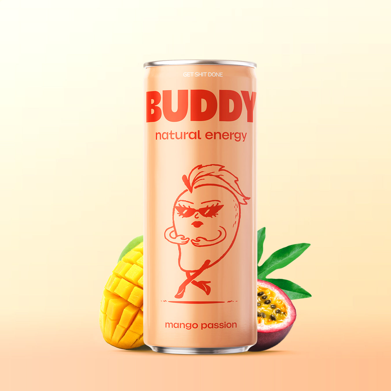 Mangue jaune et fruit de la passion coupés, ingrédients naturels de la boisson énergisante bio Buddy Mango Passion
